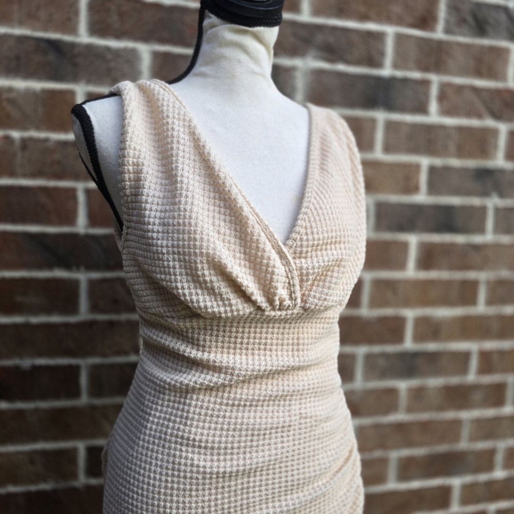Cream Asymmetrical Ruched Midi Dress - Picture 2 of 7